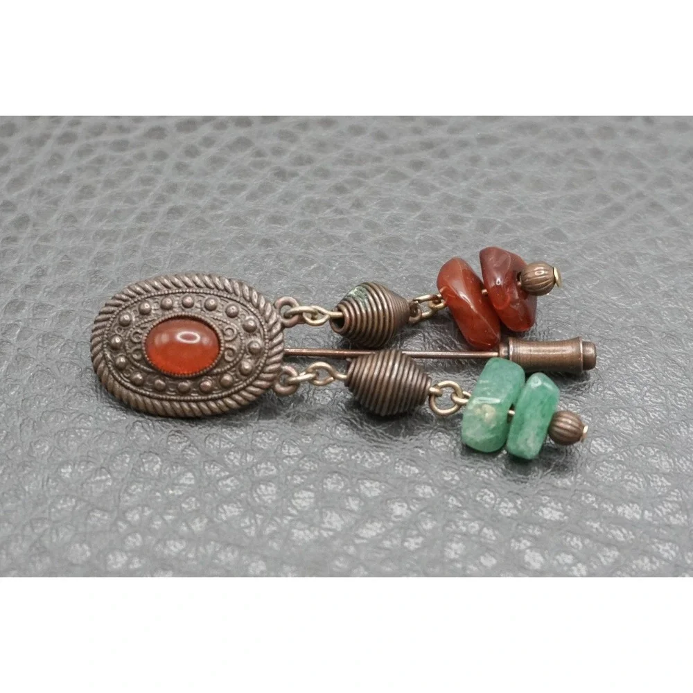 Vintage Faux Carnelian Faux Jade Copper Tone Stick Pin With Dangle Glass Beads